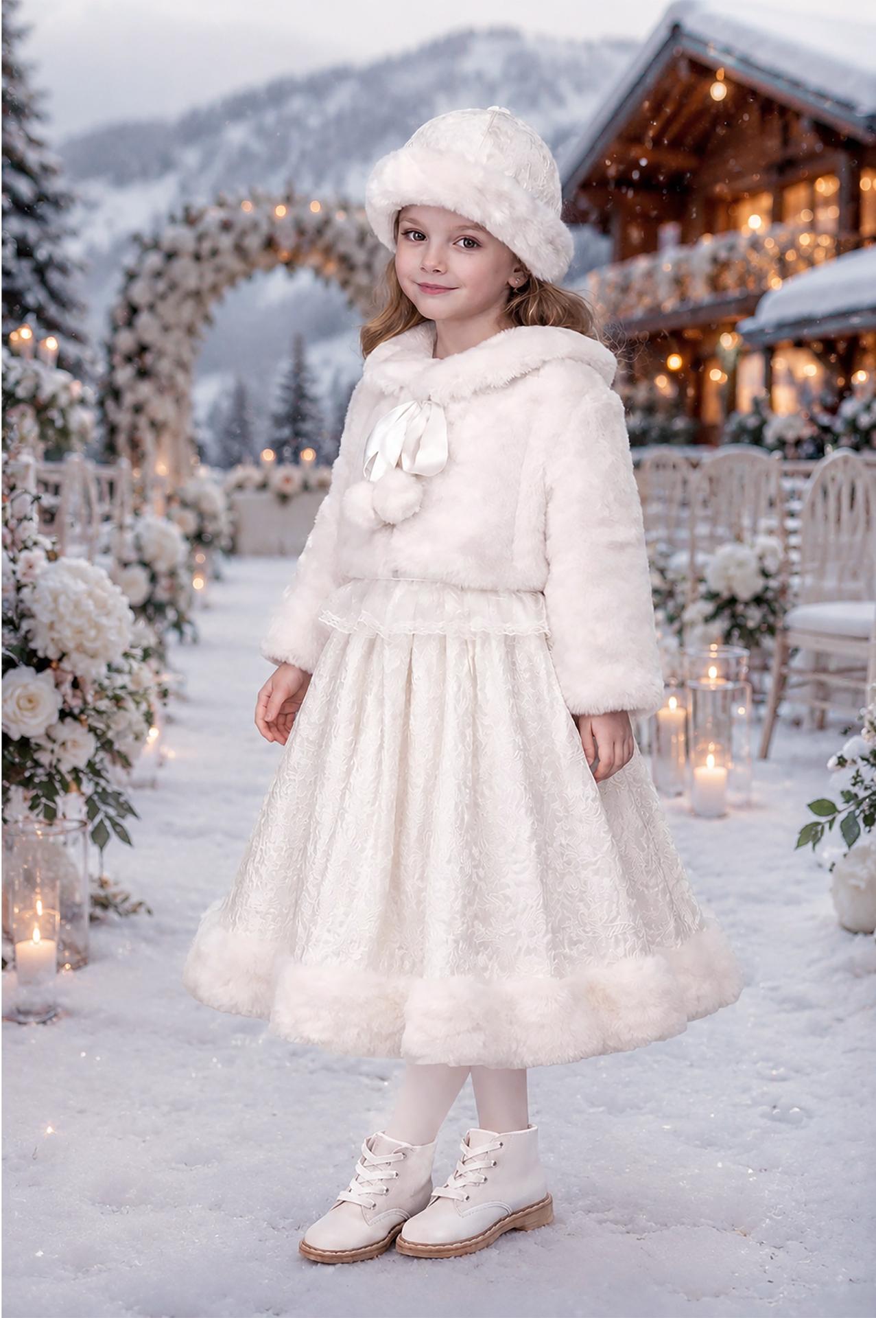 Aurore – Winter Ceremony Dress for Girls, Paired with an Elegant Ivory Faux Fur Jacket