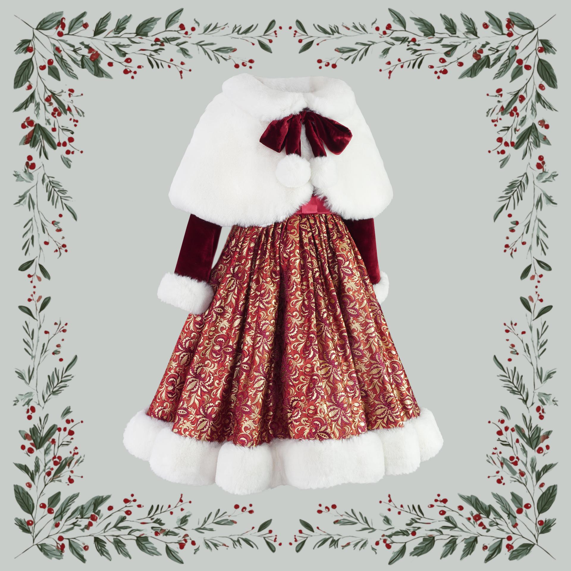 Robe de Noël fille Noëllie avec cape en fausse fourrure, velours et soie, 4–12 ans