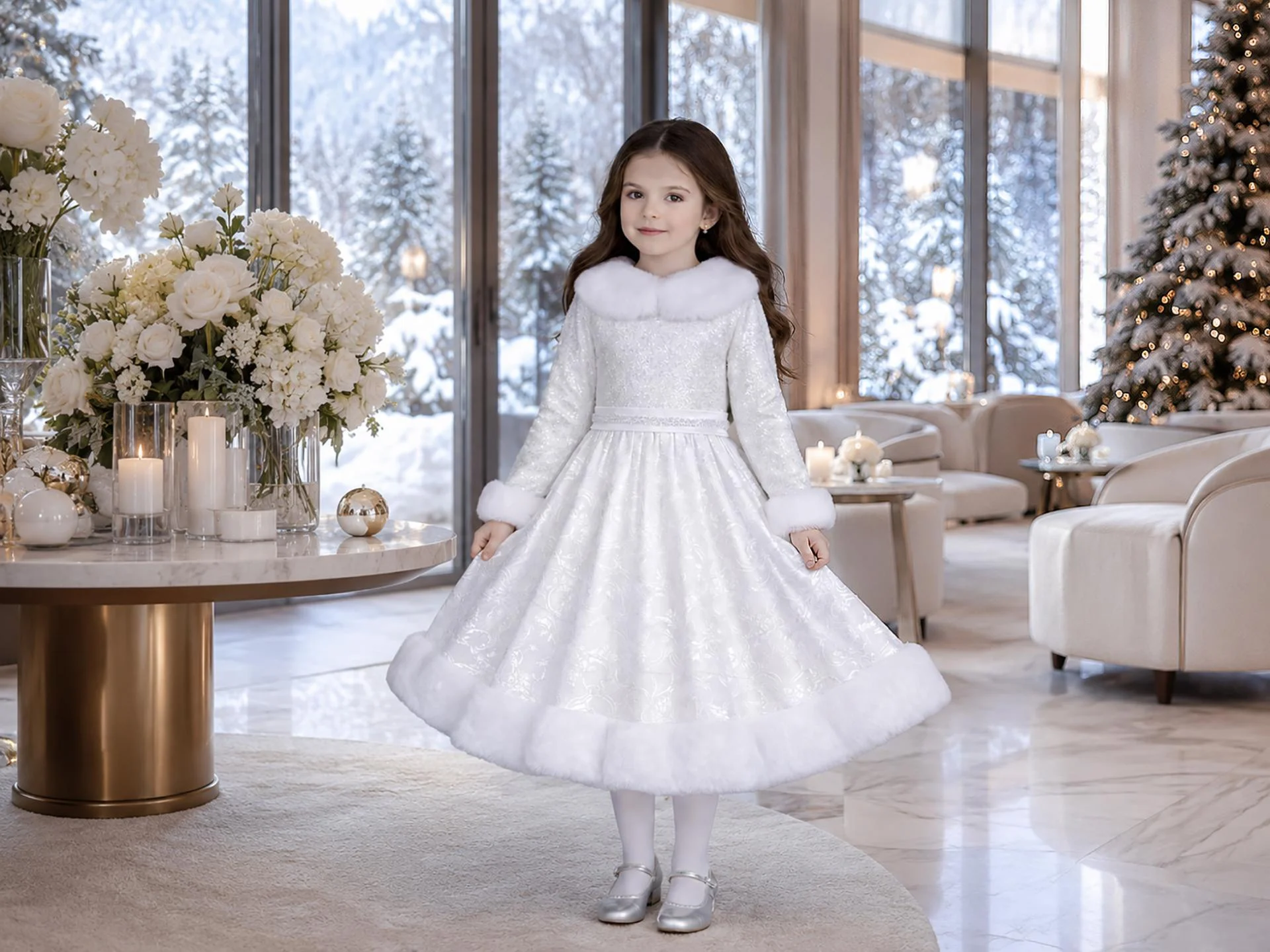 Opaline – Robe de cérémonie d'hiver blanche pour fille en tissu floral, sequins et fausse fourrure