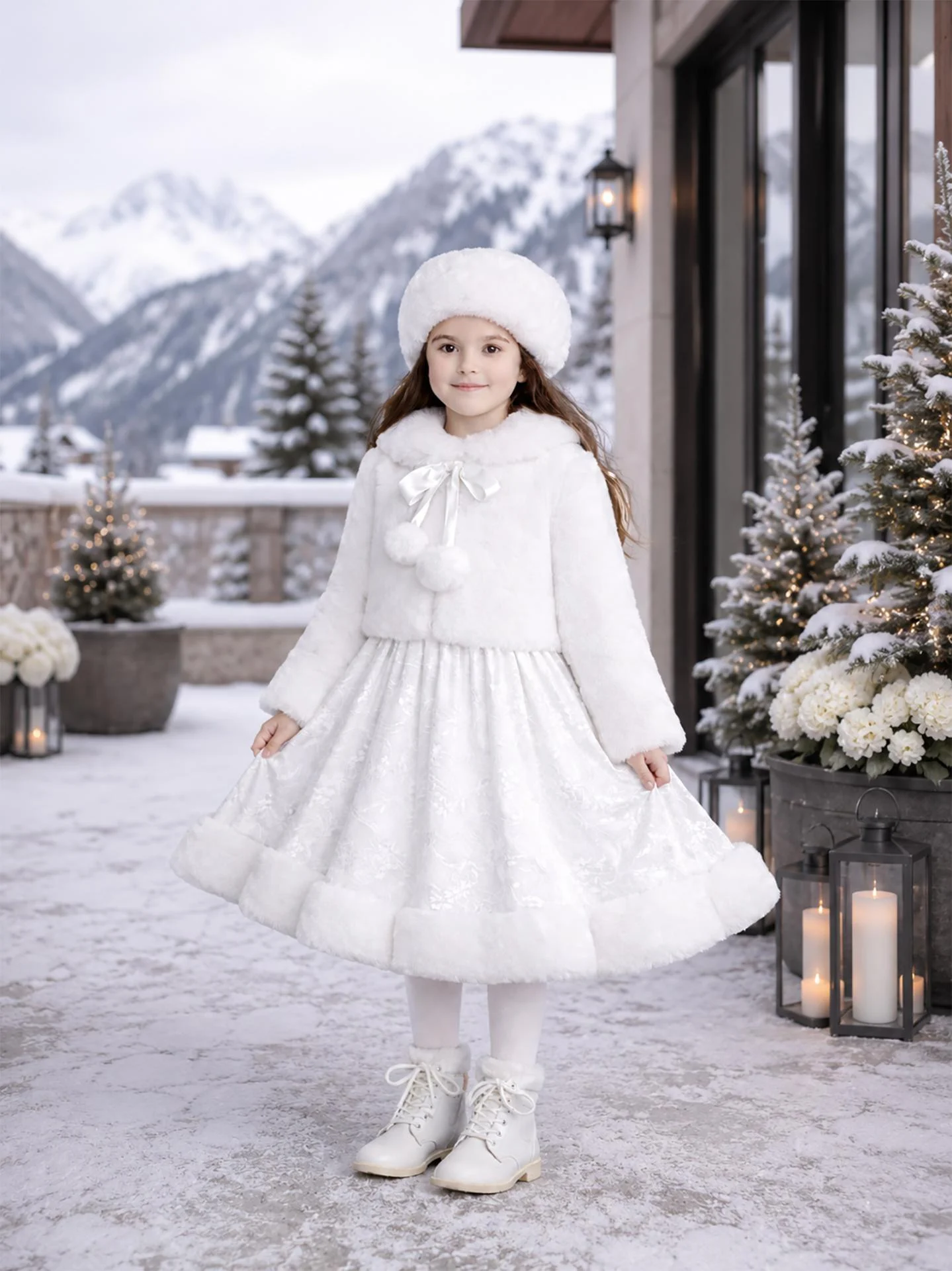 Robe de cérémonie blanche Opaline pour fille avec veste en fausse fourrure, idéale pour baptême et hiver