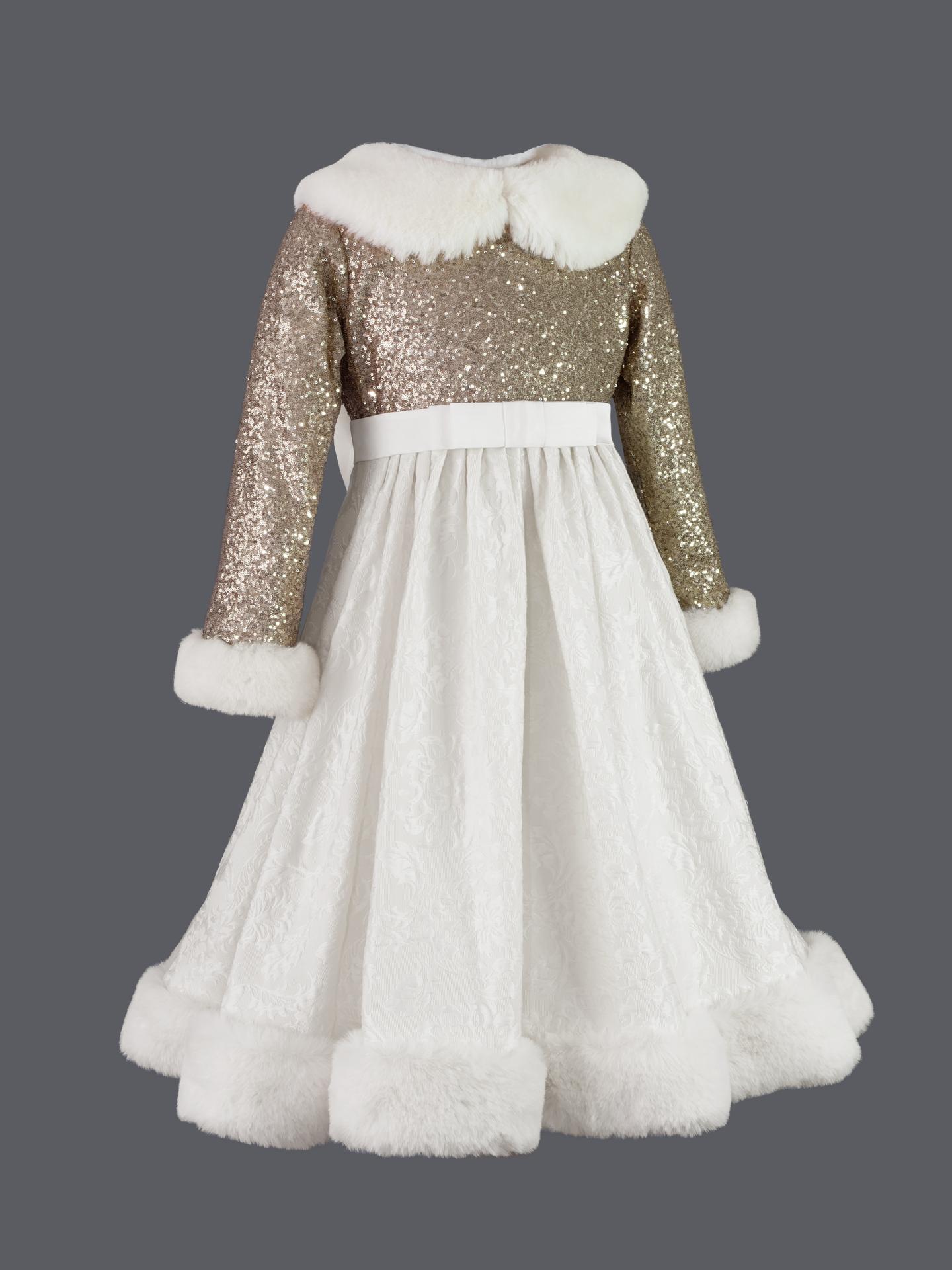 Robe de cérémonie fille Yvoire – tissu écru à motif floral, hiver et cérémonie, 4 à 12 ans