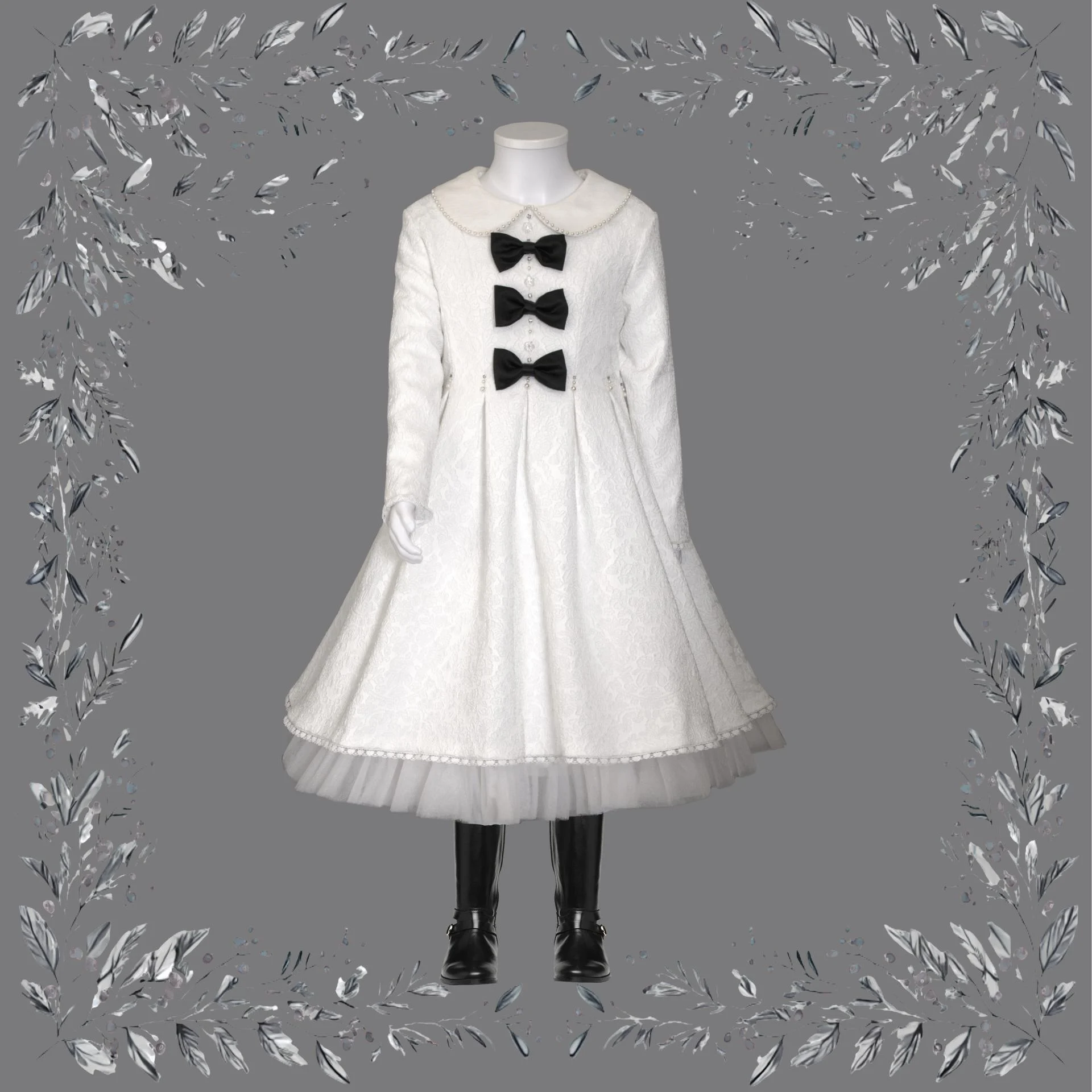 Robe fille “Adèle” hiver et demi-saison – perles, strass et nœuds en satin noir, 4 à 12 ans