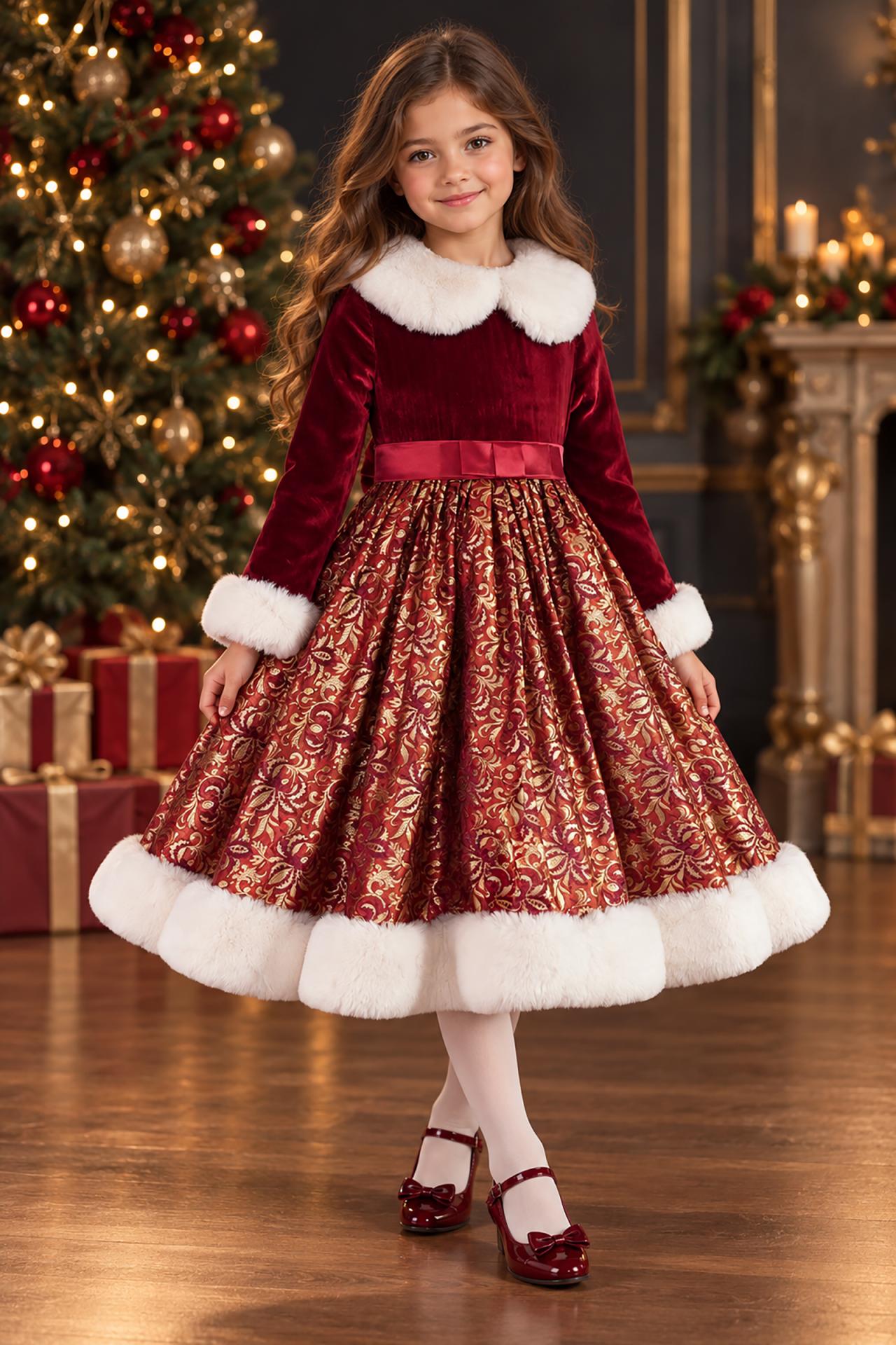 Robe de Noël fille Noëllie en velours rouge et tissu persan doré, avec cape en fausse fourrure écrue. Du 4 au 12 ans.