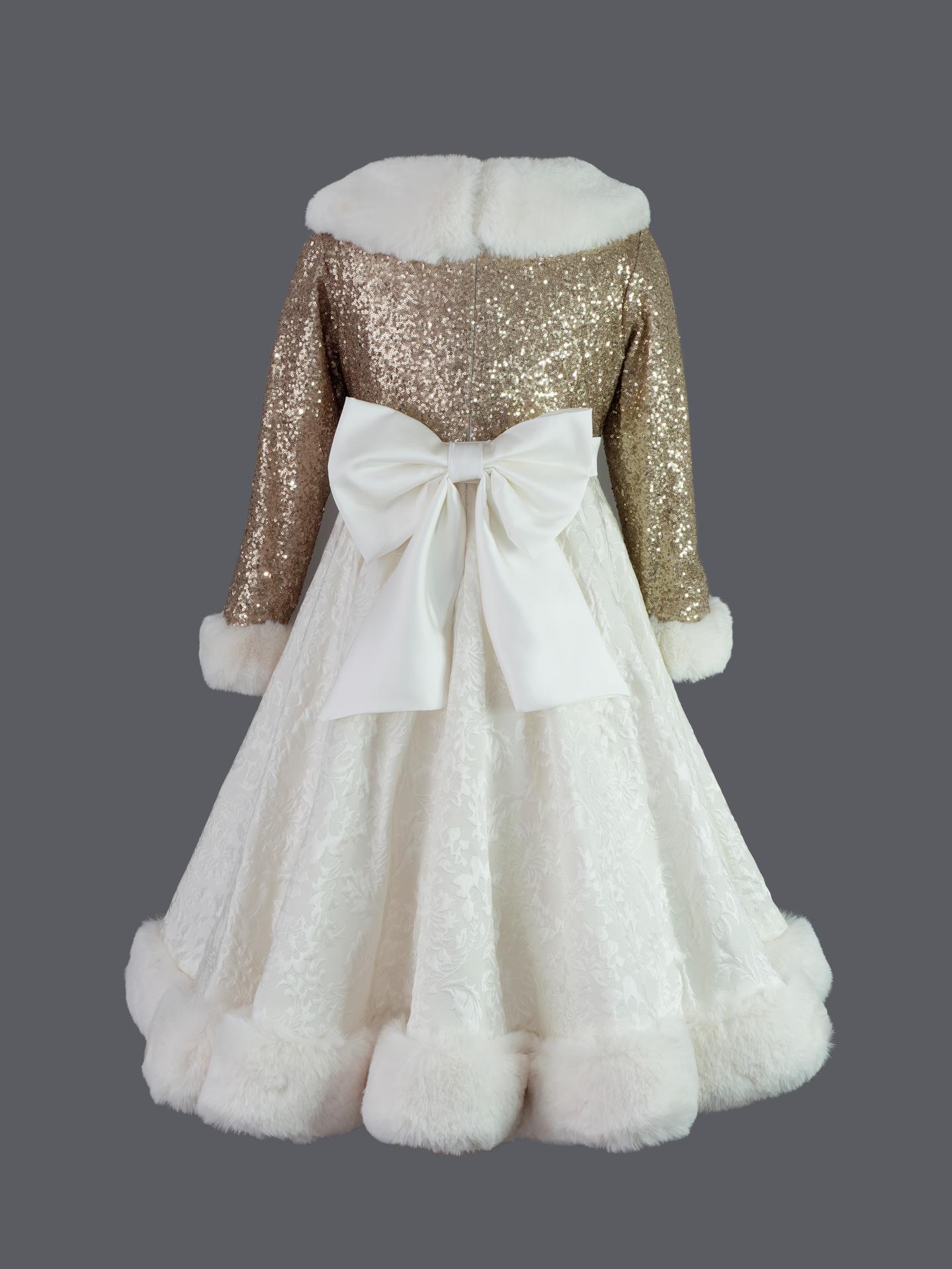 Robe de cérémonie hiver fille Yvoire – nœud en satin écru, vue de dos, 4 à 12 ans