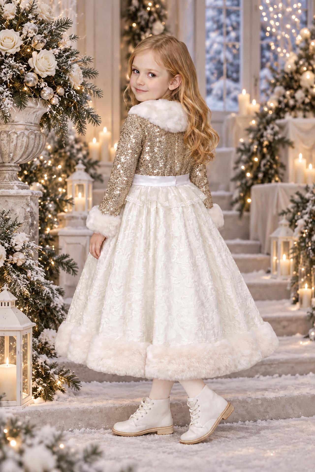 Robe mariage fille Aurore à sequins et fausse fourrure English