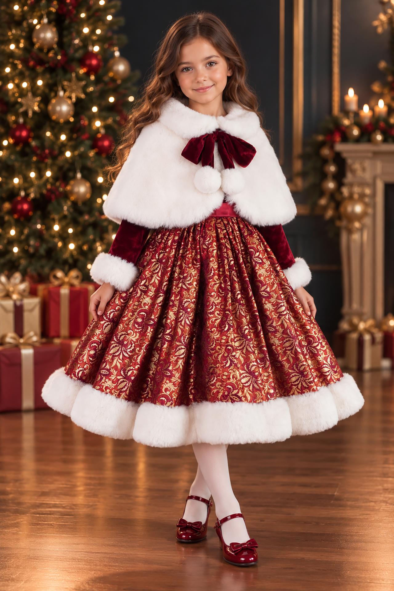 Robe de Noël fille Noëllie en velours rouge et tissu persan doré, cape en fausse fourrure écrue, 4–12 ans